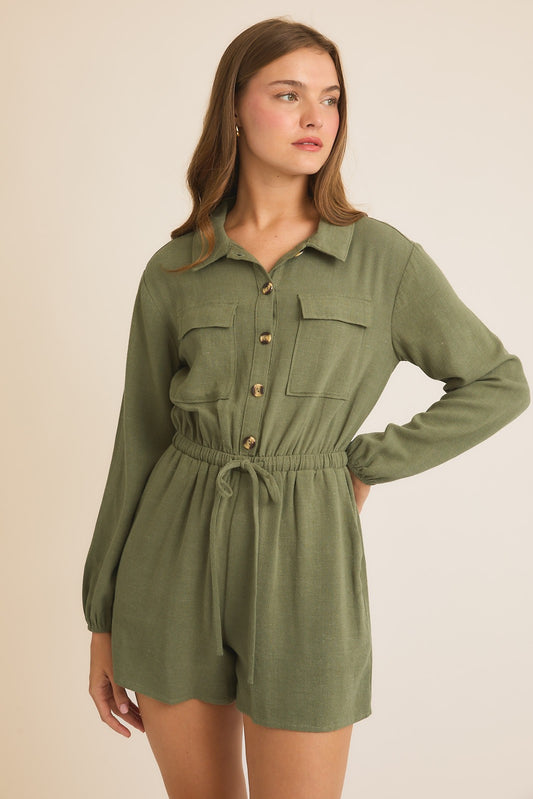 Olive Collar Button Up Long Sleeve Romper | GILLI *30A JANUARY PREORDER