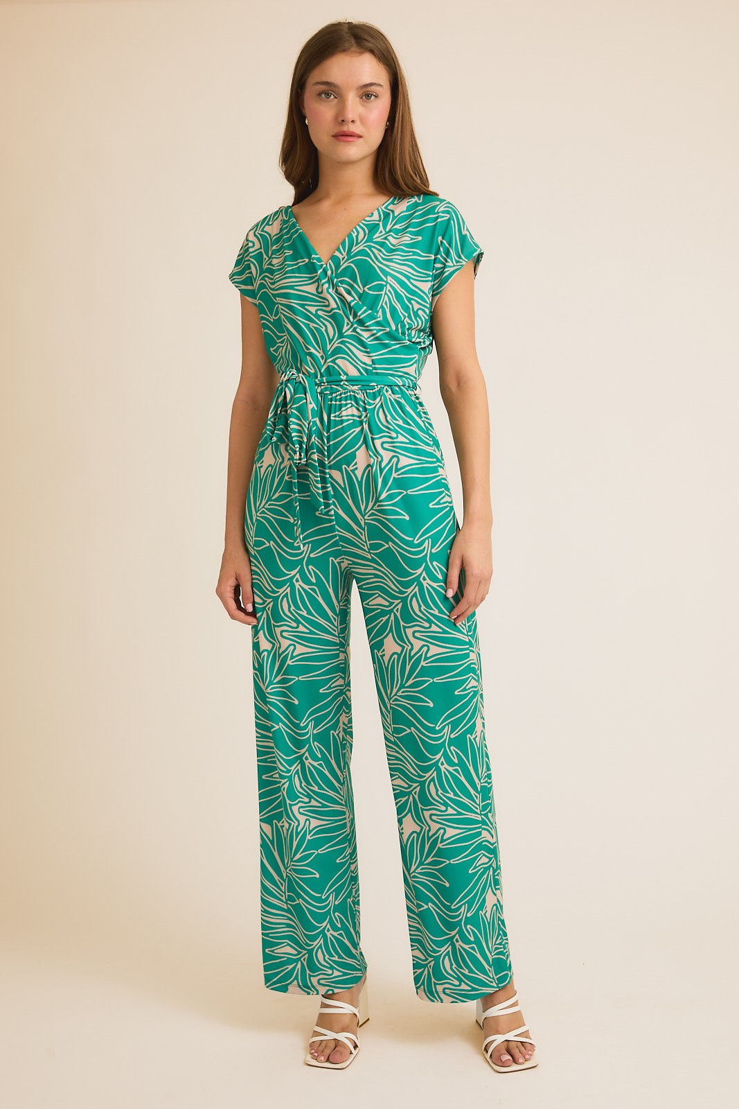 V-Neck Waist Tie Tropical Print Jumpsuit | GILLI *30A JANUARY PREORDER