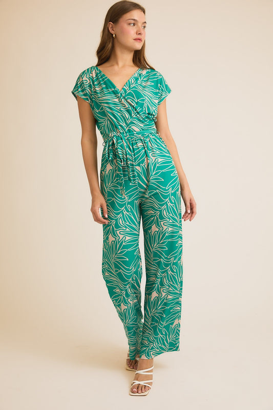 V-Neck Waist Tie Tropical Print Jumpsuit | GILLI *30A JANUARY PREORDER