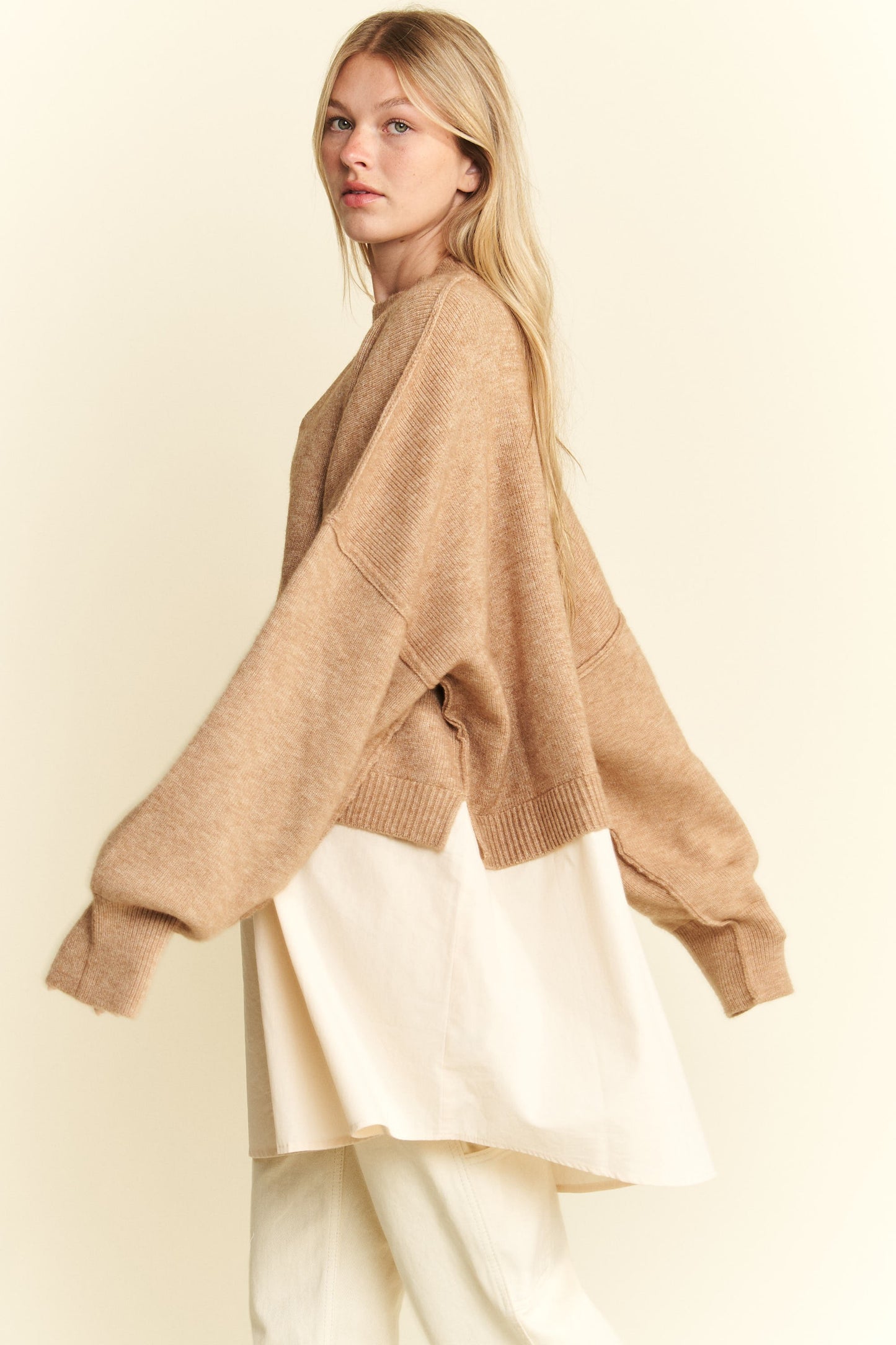 Oatmeal Sweater Knit With Woven Mix Match Top