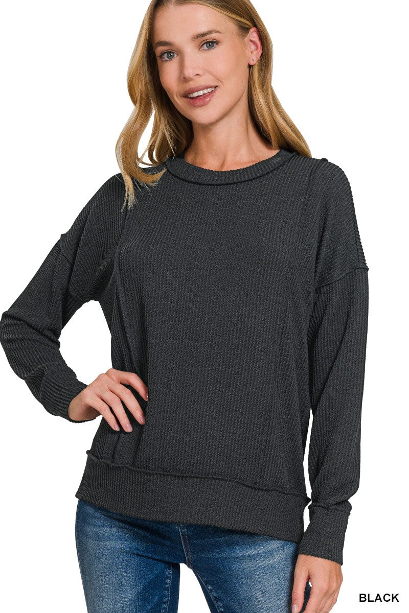 Corded Rib Long Sleeve Round Neck Pullover**DEAL - COUPON EXCLUDED