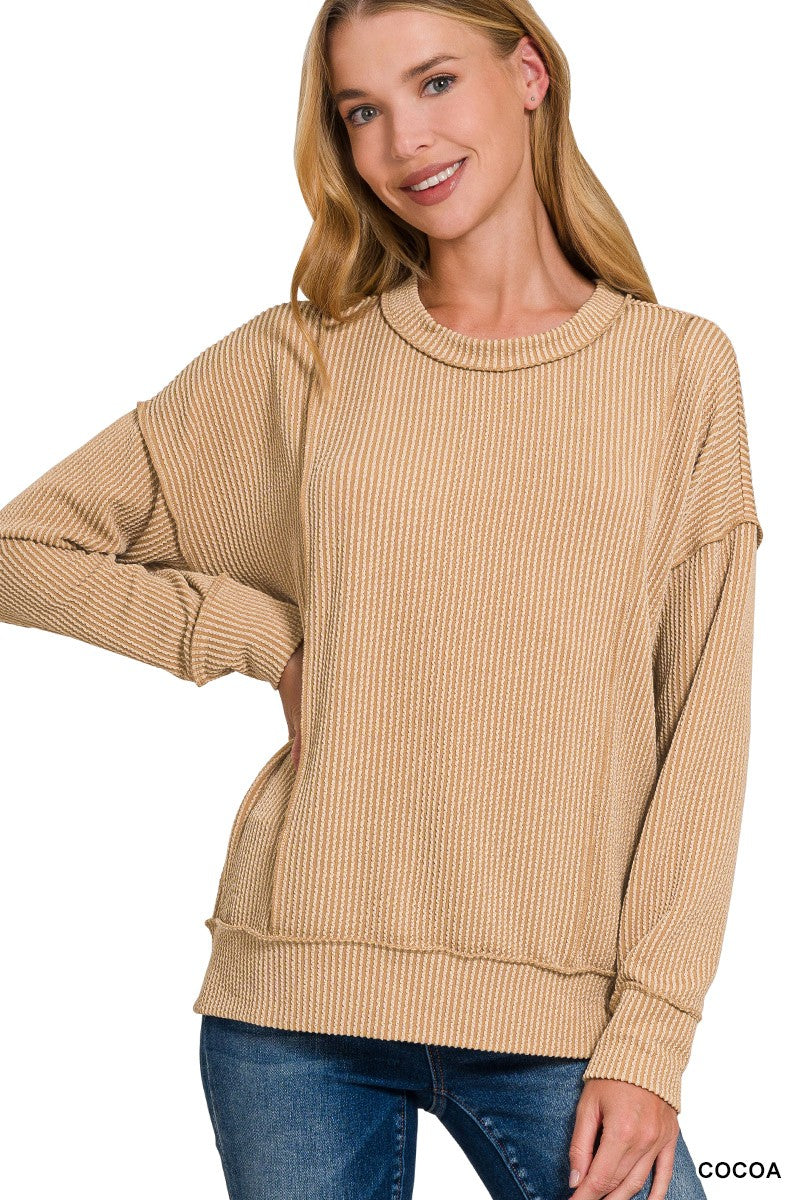 Corded Rib Long Sleeve Round Neck Pullover**DEAL - COUPON EXCLUDED