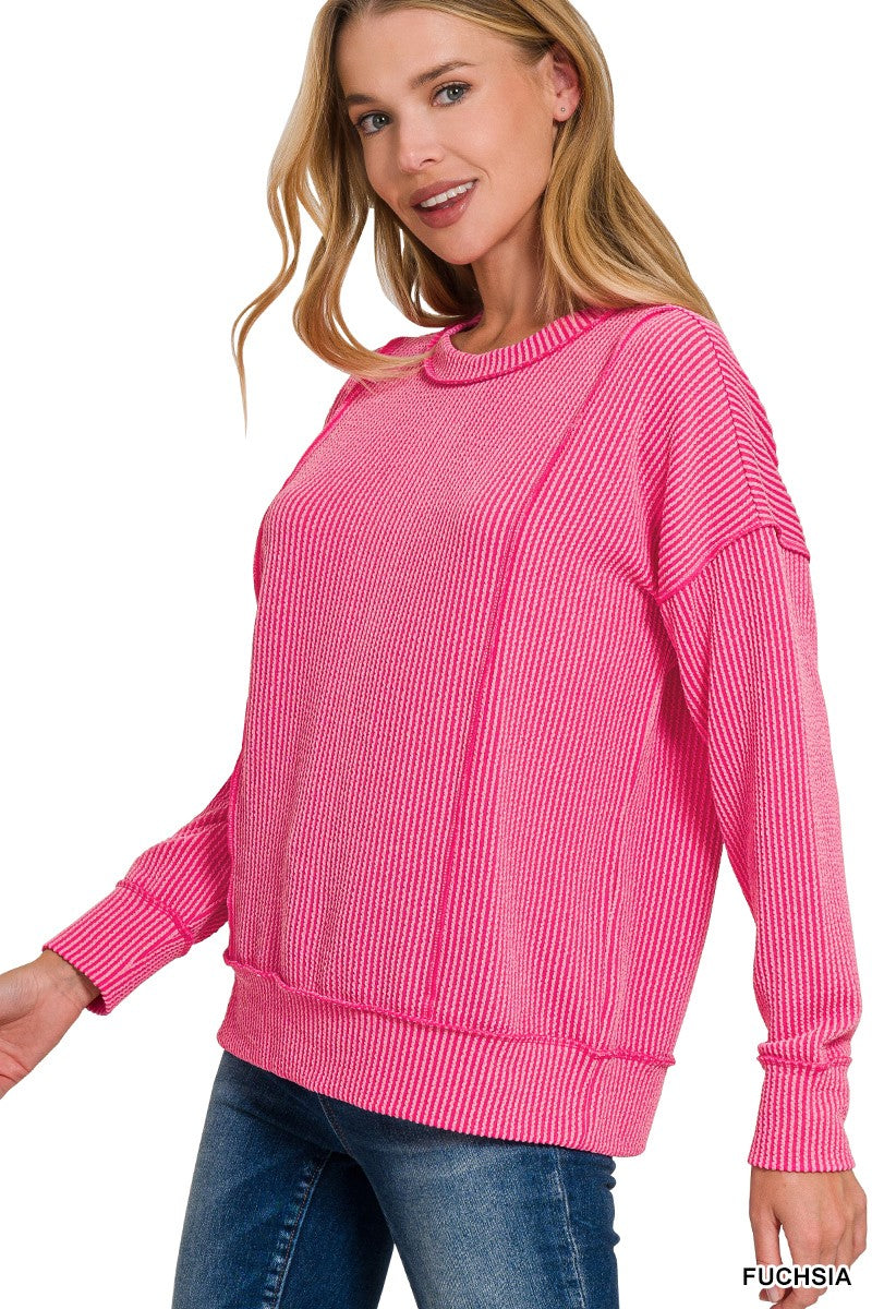 Corded Rib Long Sleeve Round Neck Pullover**DEAL - COUPON EXCLUDED