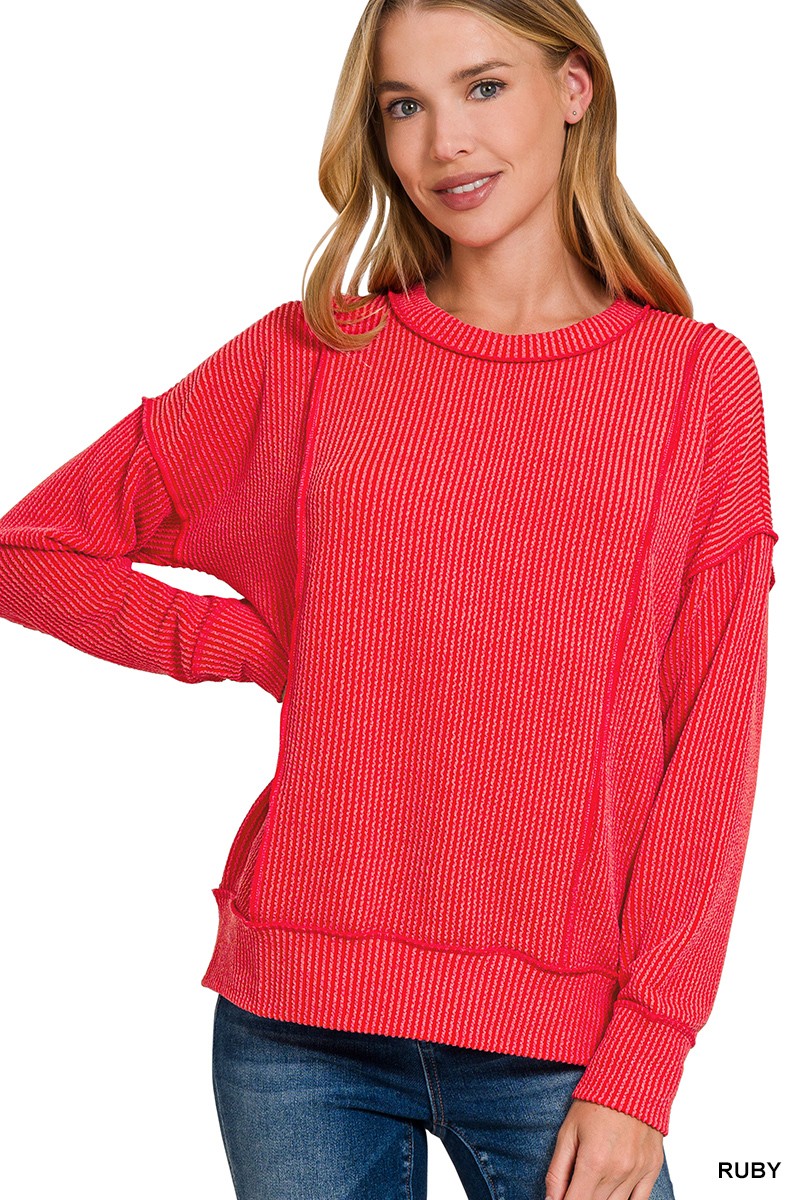 Corded Rib Long Sleeve Round Neck Pullover**DEAL - COUPON EXCLUDED