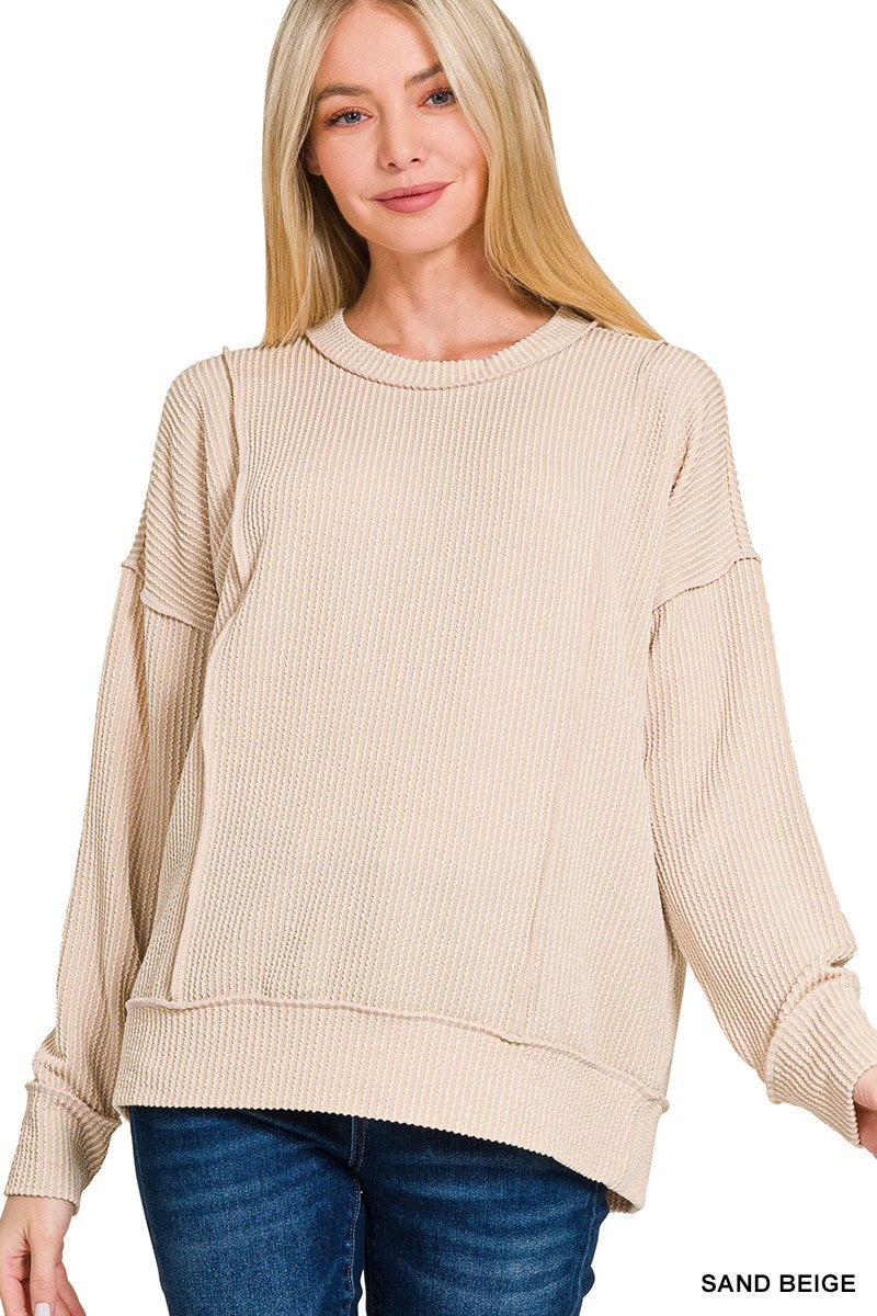 Corded Rib Long Sleeve Round Neck Pullover**DEAL - COUPON EXCLUDED