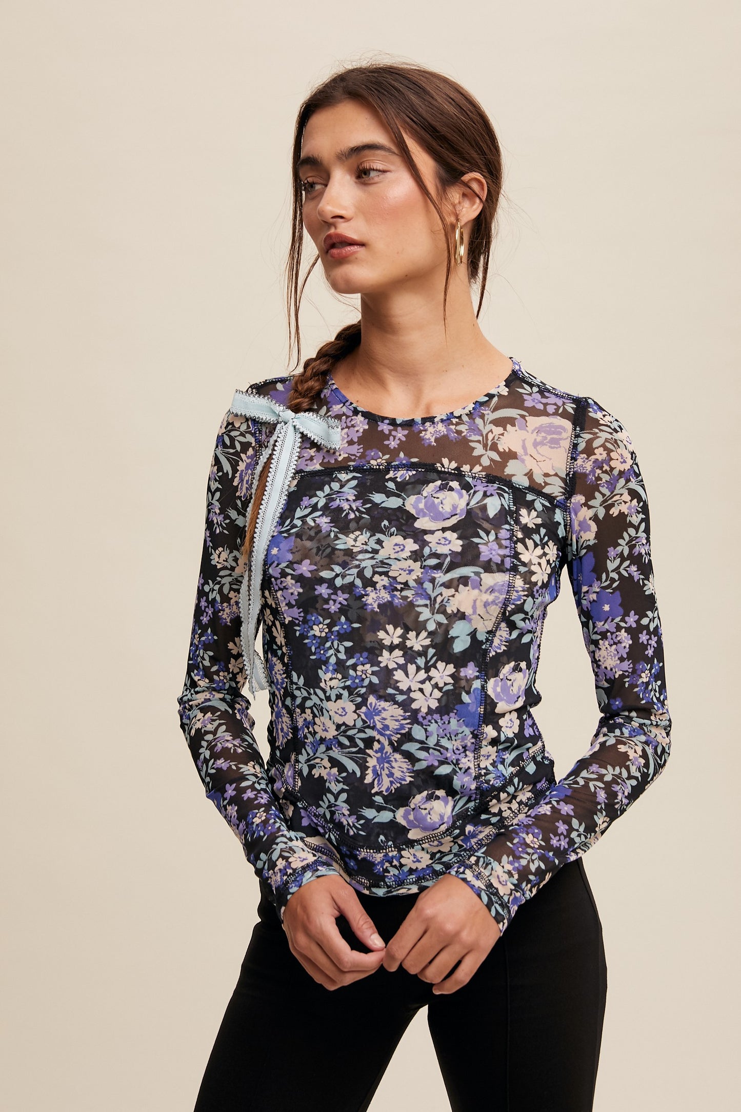 Black Floral Print Mesh Fitted Long Sleeve Top - Final Sale