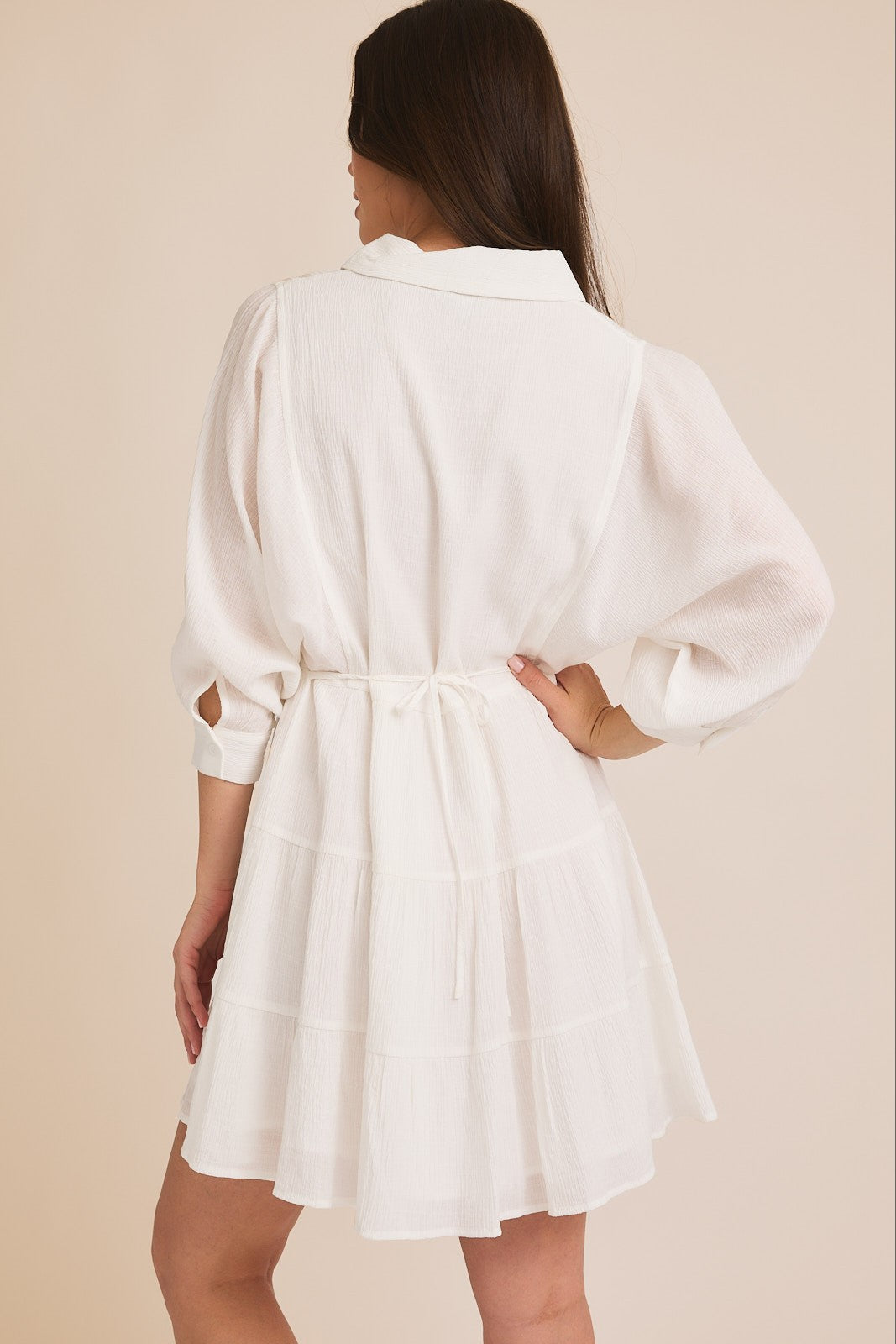 White 3/4 Sleeve Tiered Mini Dress | GILLI