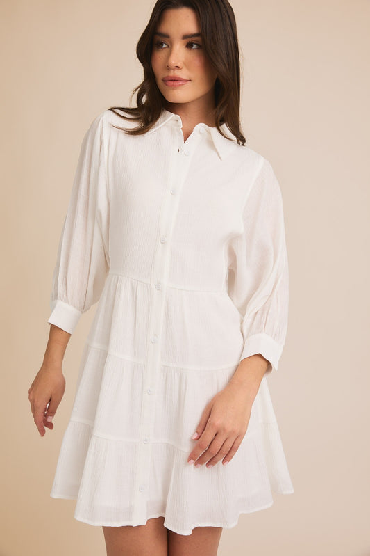 White 3/4 Sleeve Tiered Mini Dress | GILLI *30A JANUARY PREORDER