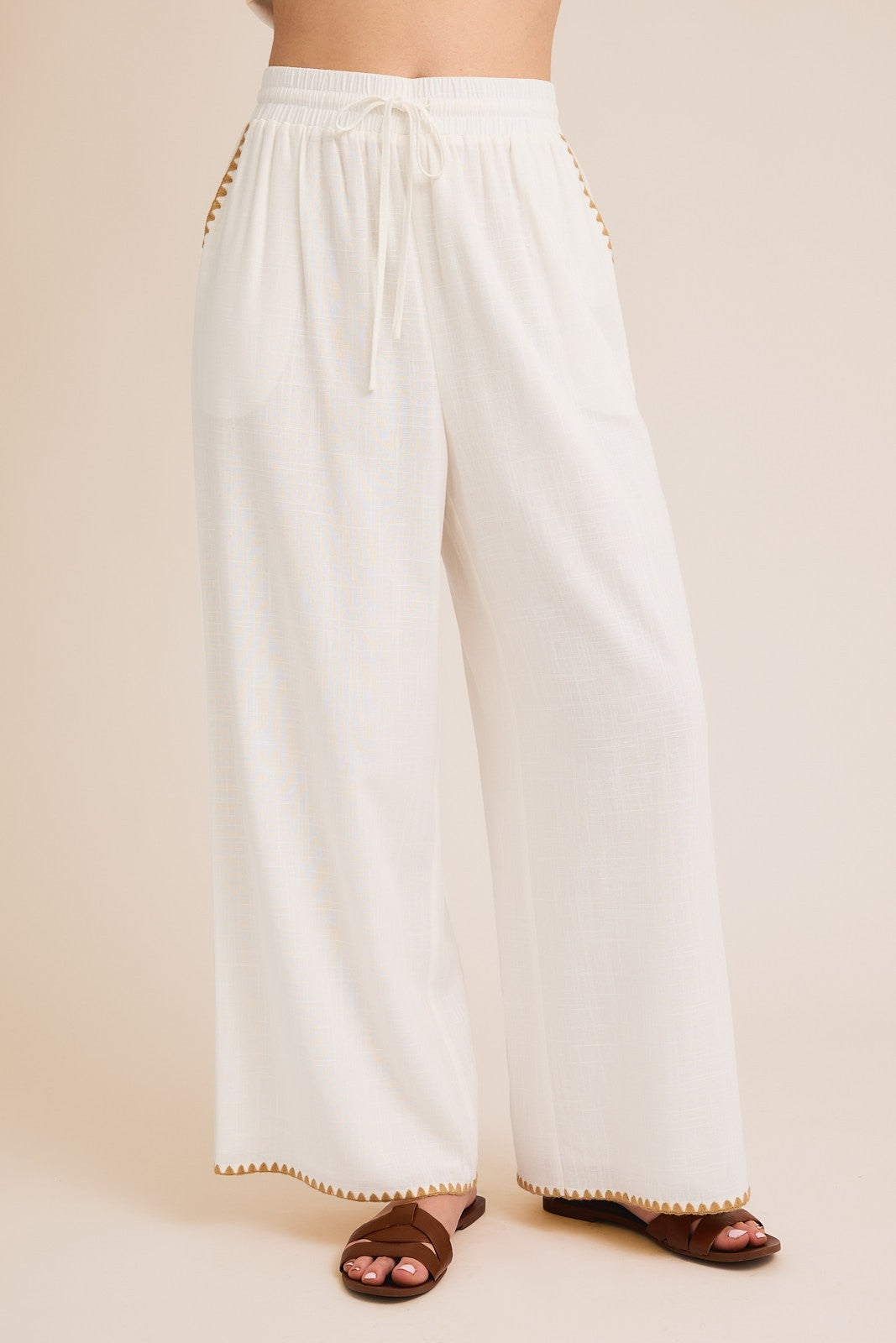 White Linen Stitch Detail Wide Leg Pants | GILLI *30A JANUARY PREORDER