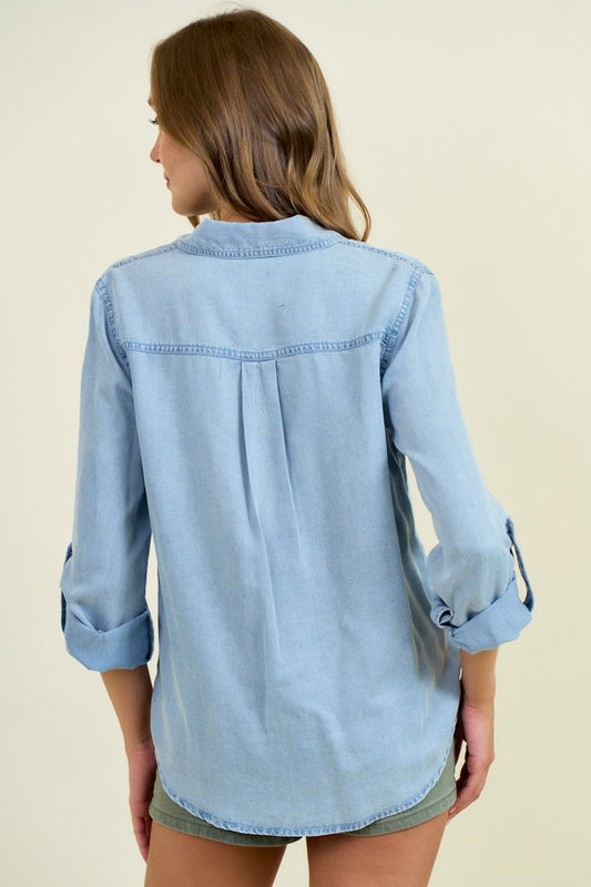 The Easygoing Chambray Button Down Shirt With Roll Up Sleeve