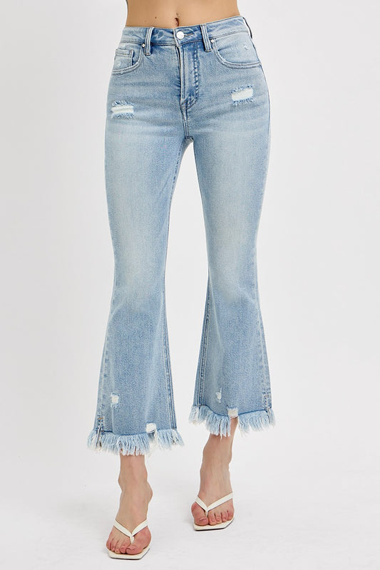 Light Wash Tummy Control High Rise Flare Denim Jeans | Risen