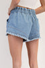 Elastic Waist Frayed Denim Shorts