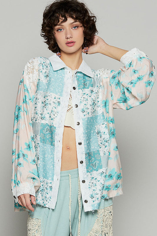 Balloon sleeve lace detail woven print shirt top | POL *30A JANUARY PREORDER))