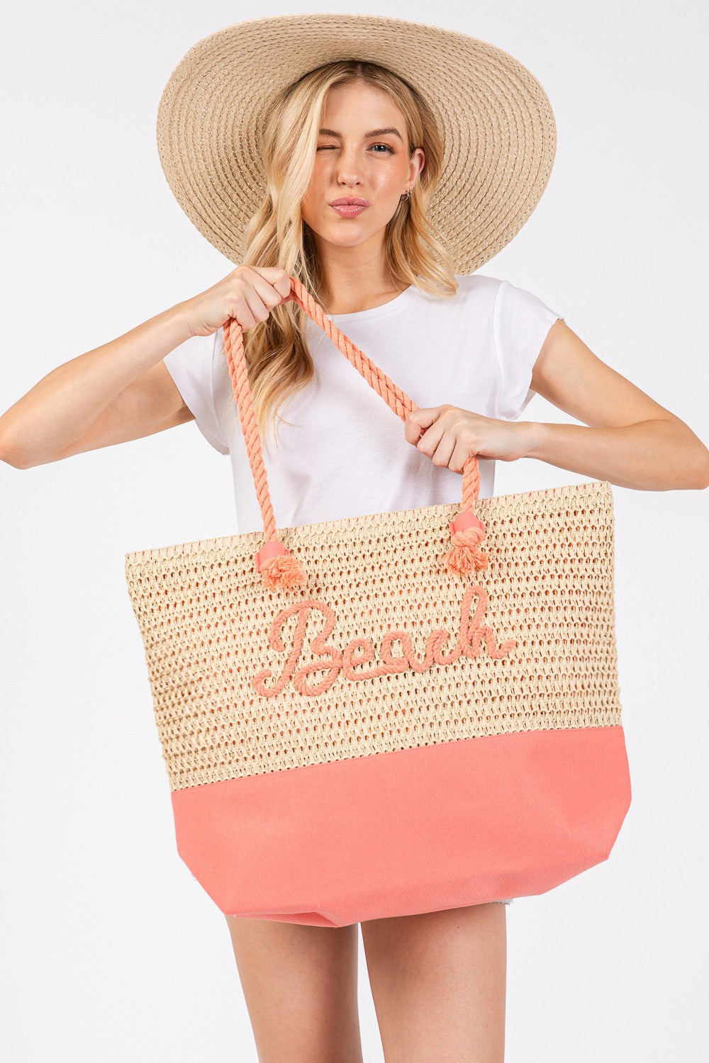 Sewn Rope "BEACH" Color Straw Tote Bag