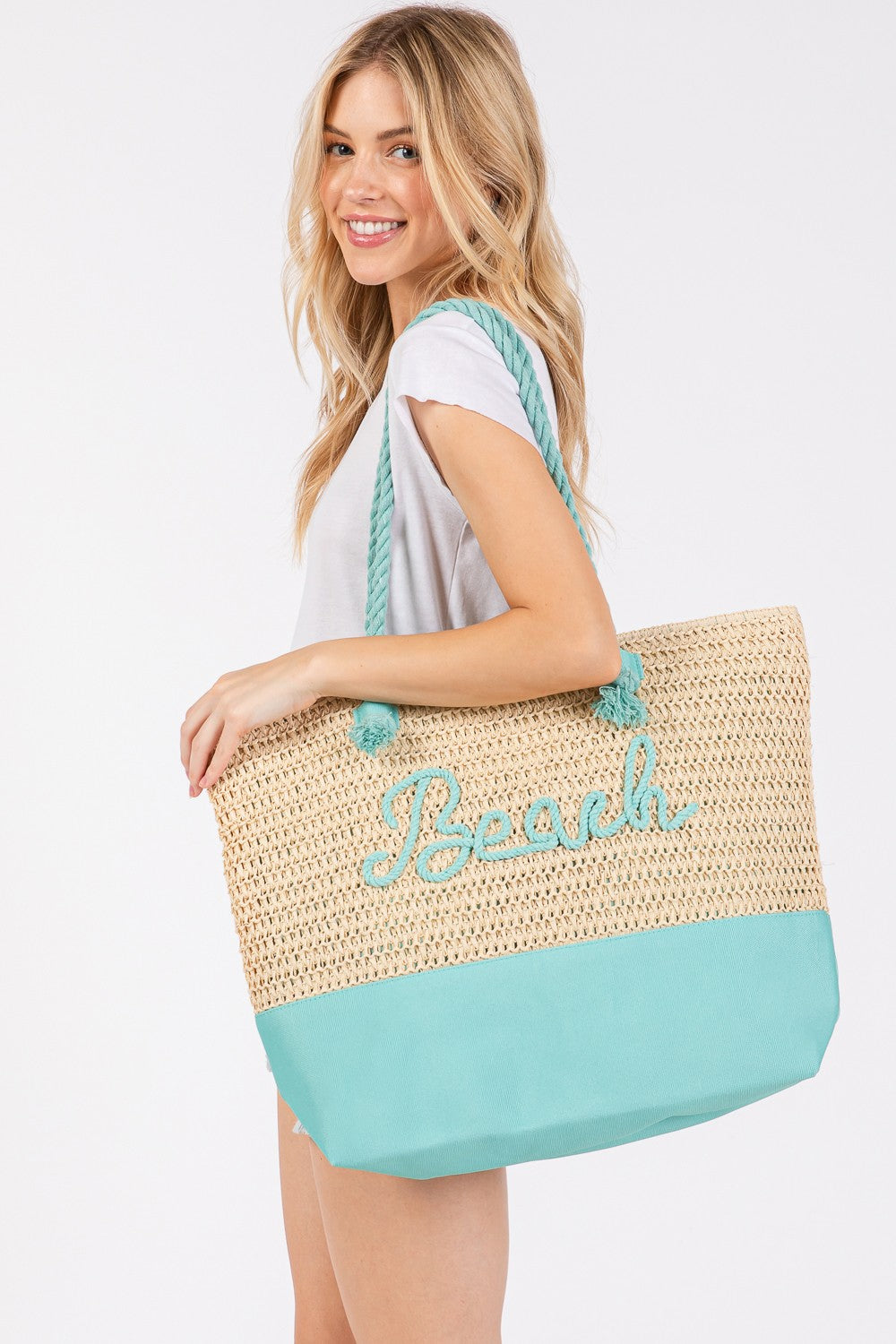 Sewn Rope "BEACH" Color Straw Tote Bag