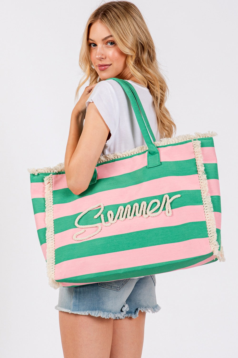 Summer Letter Fringe Striped Tote Bag