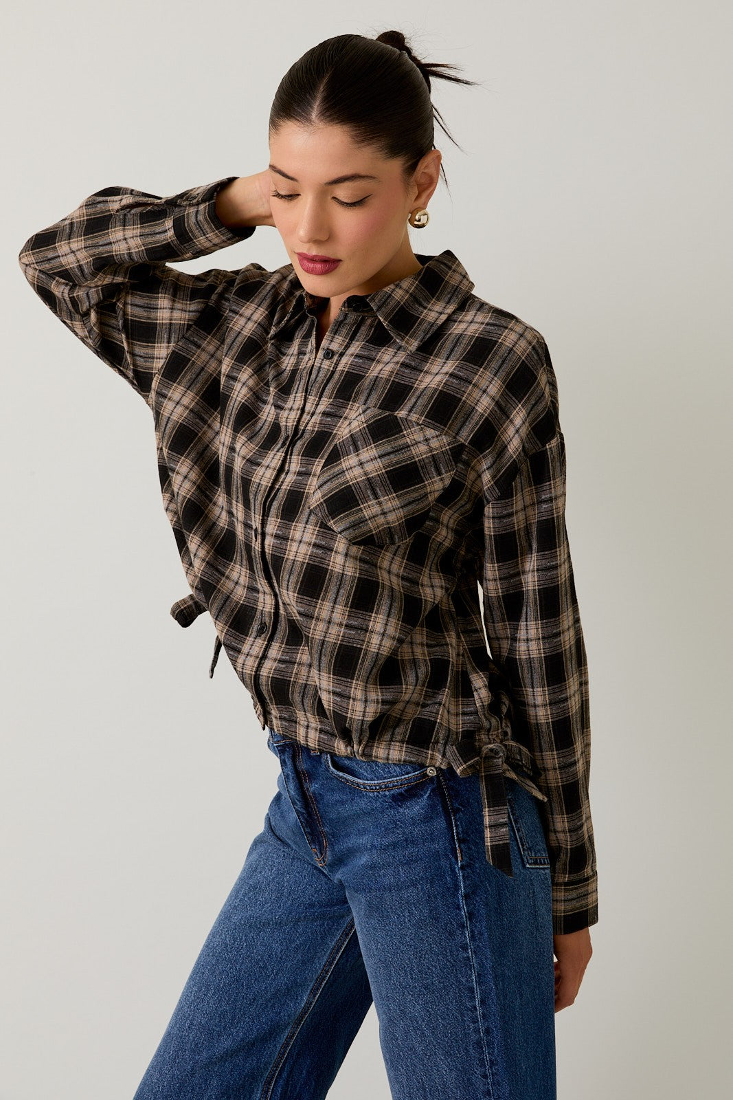 Side Hem Ruching Button Up Plaid Flannel Shirt | GILLI *30A SEPT PREORDER