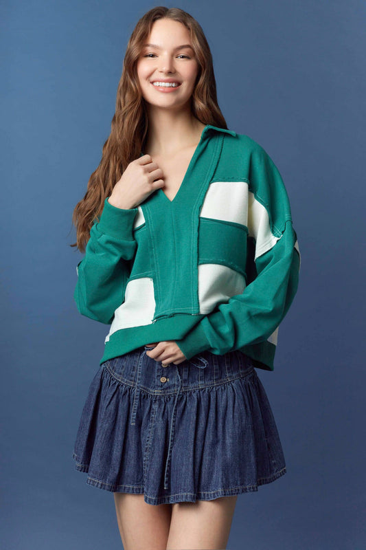 Cut Block Striped Collar V Neck Crop Sweatshirt | PEACH LOVE *NASHVILLE LIVE PREORDER