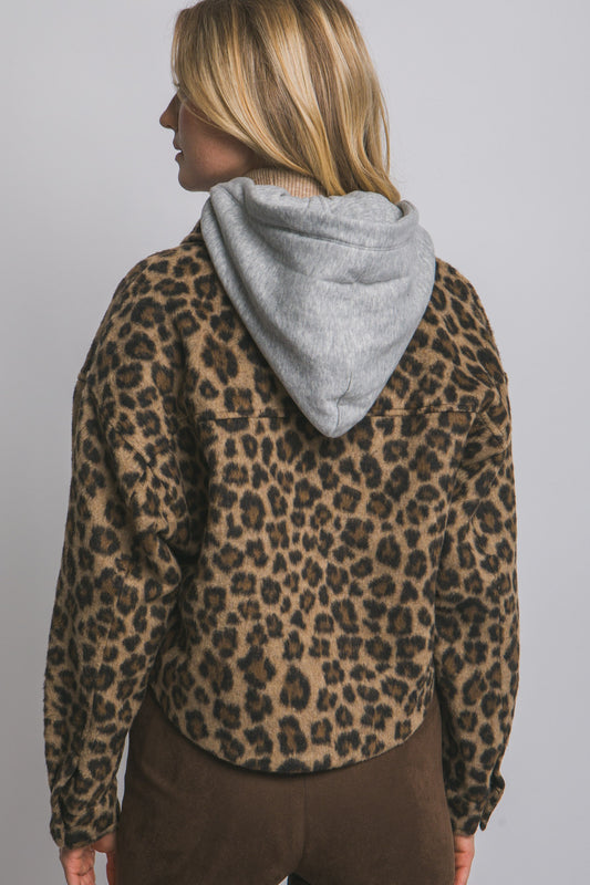 Brown Leopard Print Shacket W/removable Hood