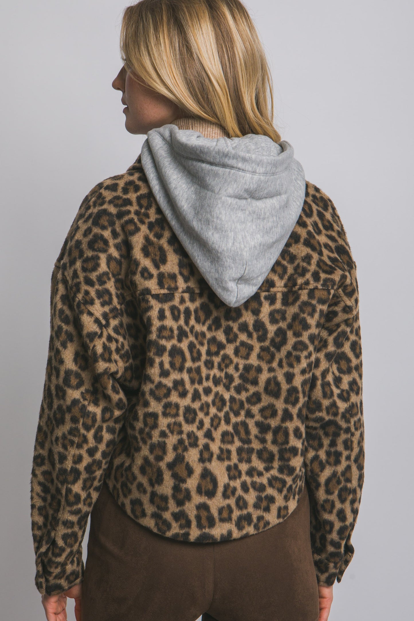 Brown Leopard Print Shacket W/removable Hood