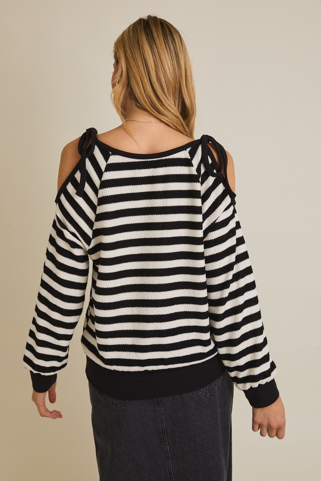 Shoulder Cut-out Tie Long Sleeve Stripe Top | GILLI