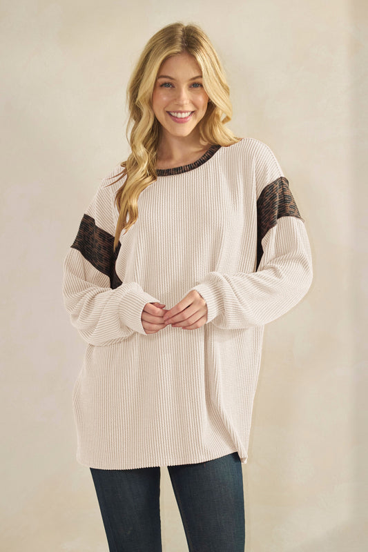 Cream Long Sleeve Solid And Animal Urban Rib Top | HEIMISH *NASHVILLE LIVE PREORDER