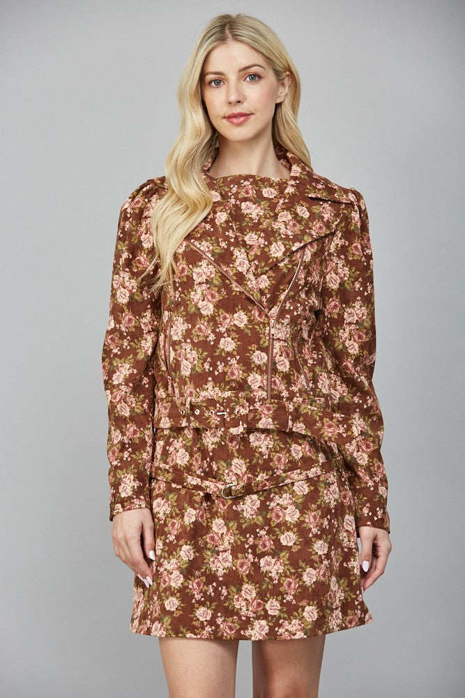 Floral Print Corduroy Puff Sleeve Moto-style Jacket | FATE *30A SEPT PREORDER