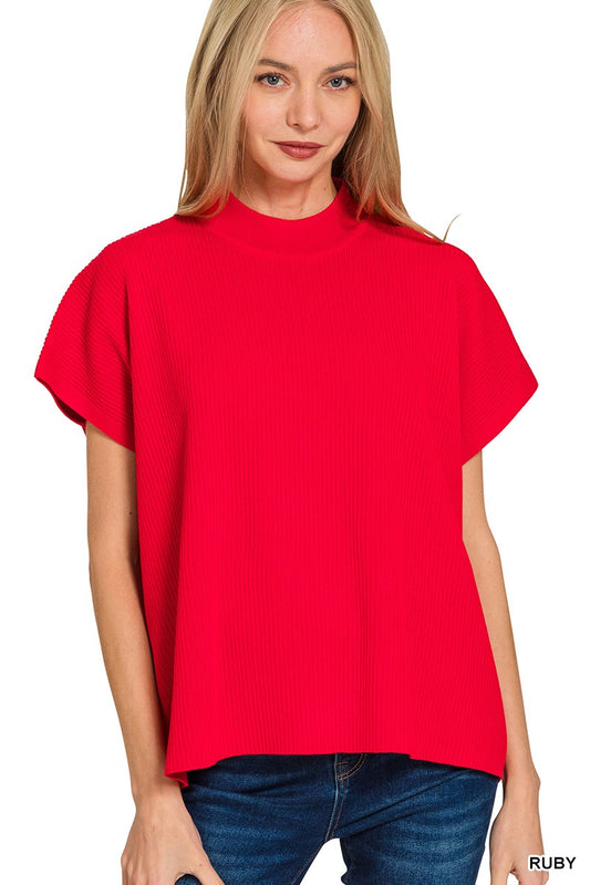 Viscose Mock Neck Short Sleeve Boxy Sweater | ZENANA *LA LIVE PREORDER