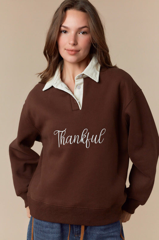 Thankful Embroidery Detail Fleece Sweatshirt | PEACH LOVE *NASHVILLE LIVE PREORDER