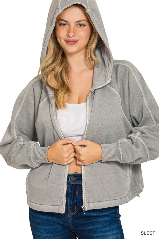 Fleece Pigment Dye Zip Up Hoodie W Pockets (5 COLORS) | ZENANA *LA LIVE PREORDER