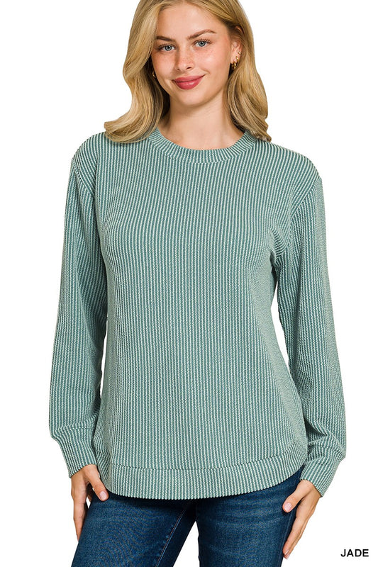 Raised Rib Round Neck Long Sleeve Top (5 COLORS) | ZENANA *LA LIVE PREORDER