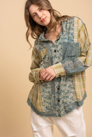Plaid Flower Mix Patchwork Button Down Shirt | BLUEVELVET *LA LIVE PREORDER 37% OFF