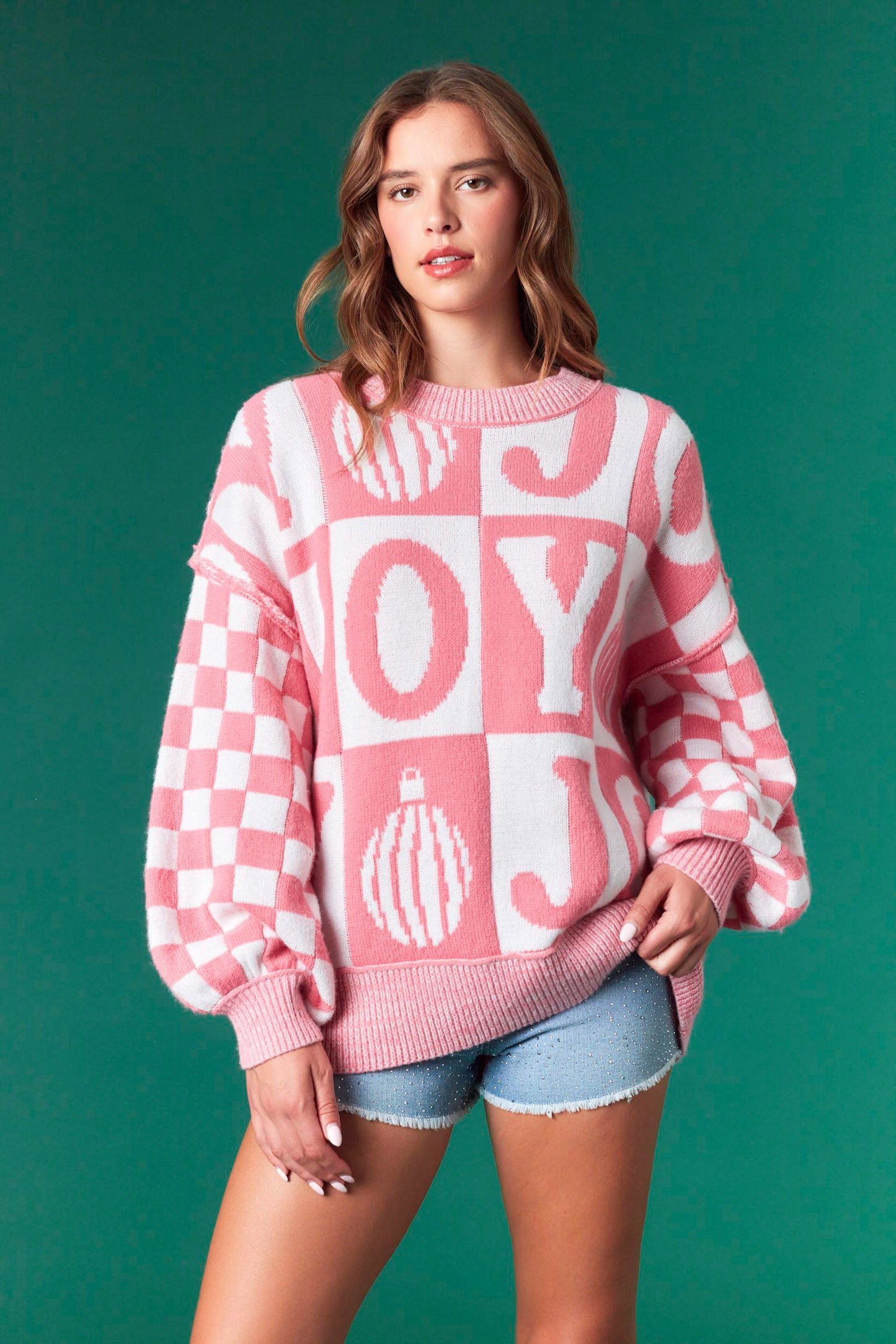 Checker Joy Oversized Balloon Sleeve Sweater