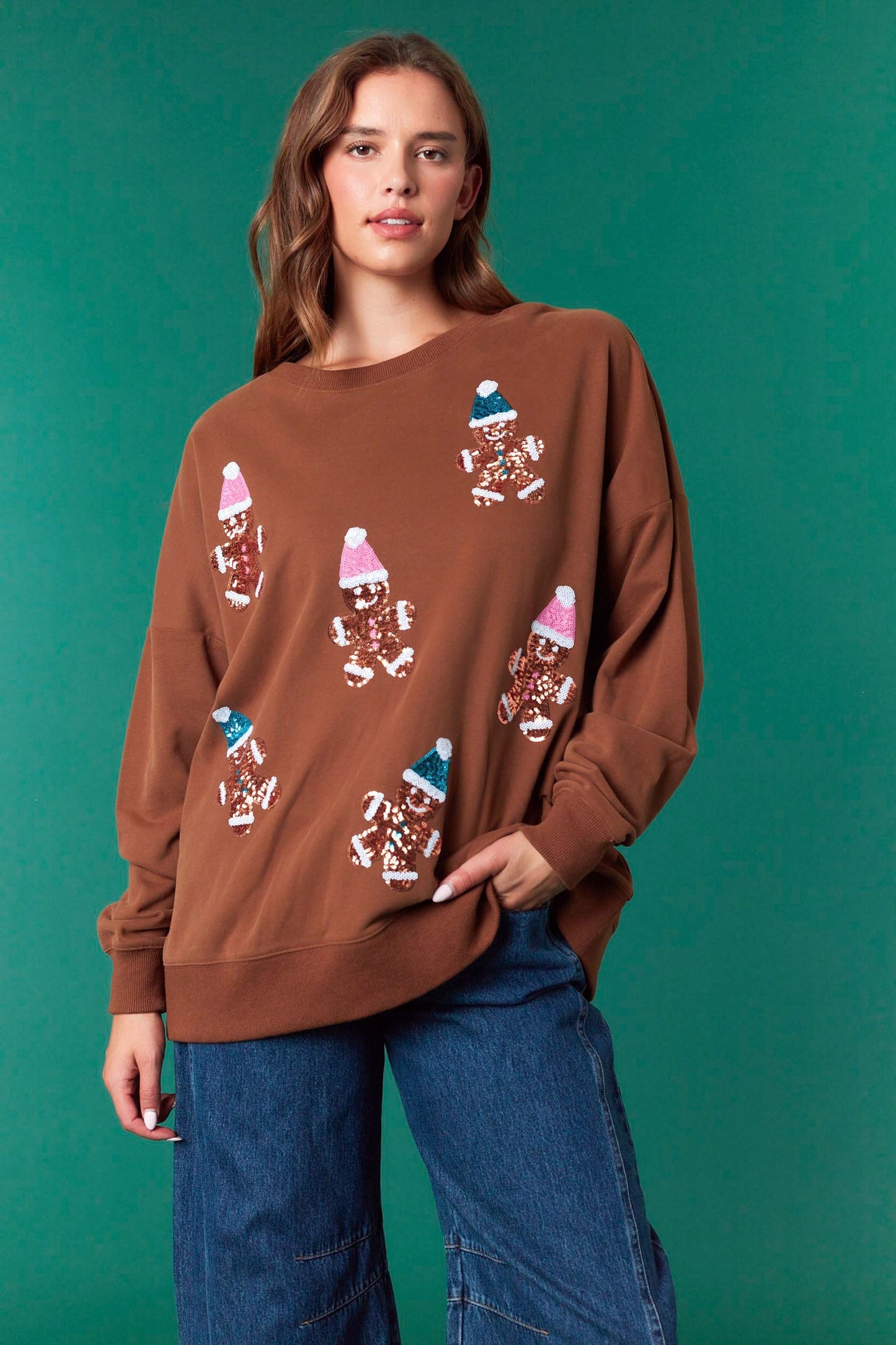 Sequin Gingerbread Hat Oversized Sweatshirt