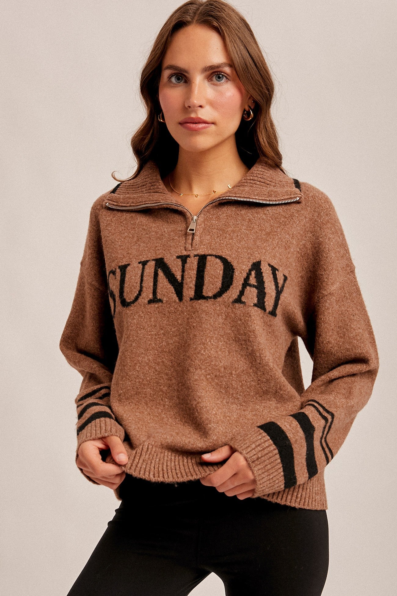 Half Zip Up Sunday Lettering Sweater | HEM & THREAD *LA LIVE PREORDER 36% OFF