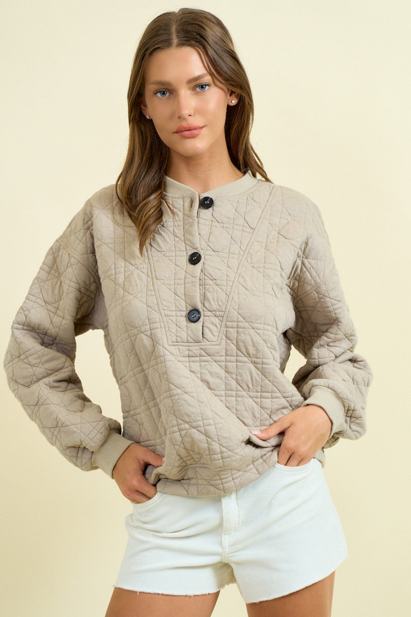 Quilted Jersey Button Front Sweatshirt