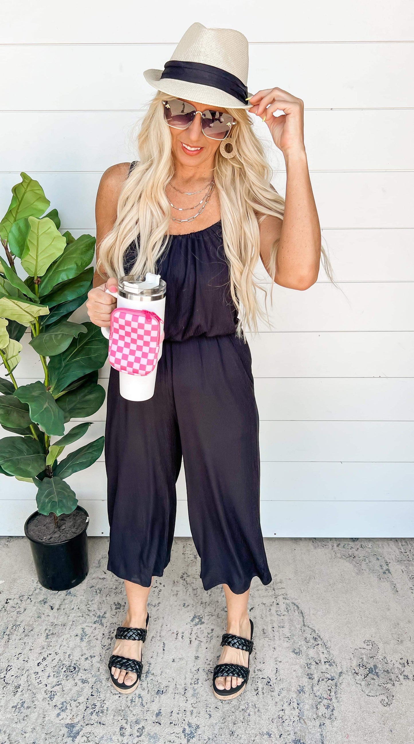 Cropped Spaghetti Strap Jumpsuit - Black