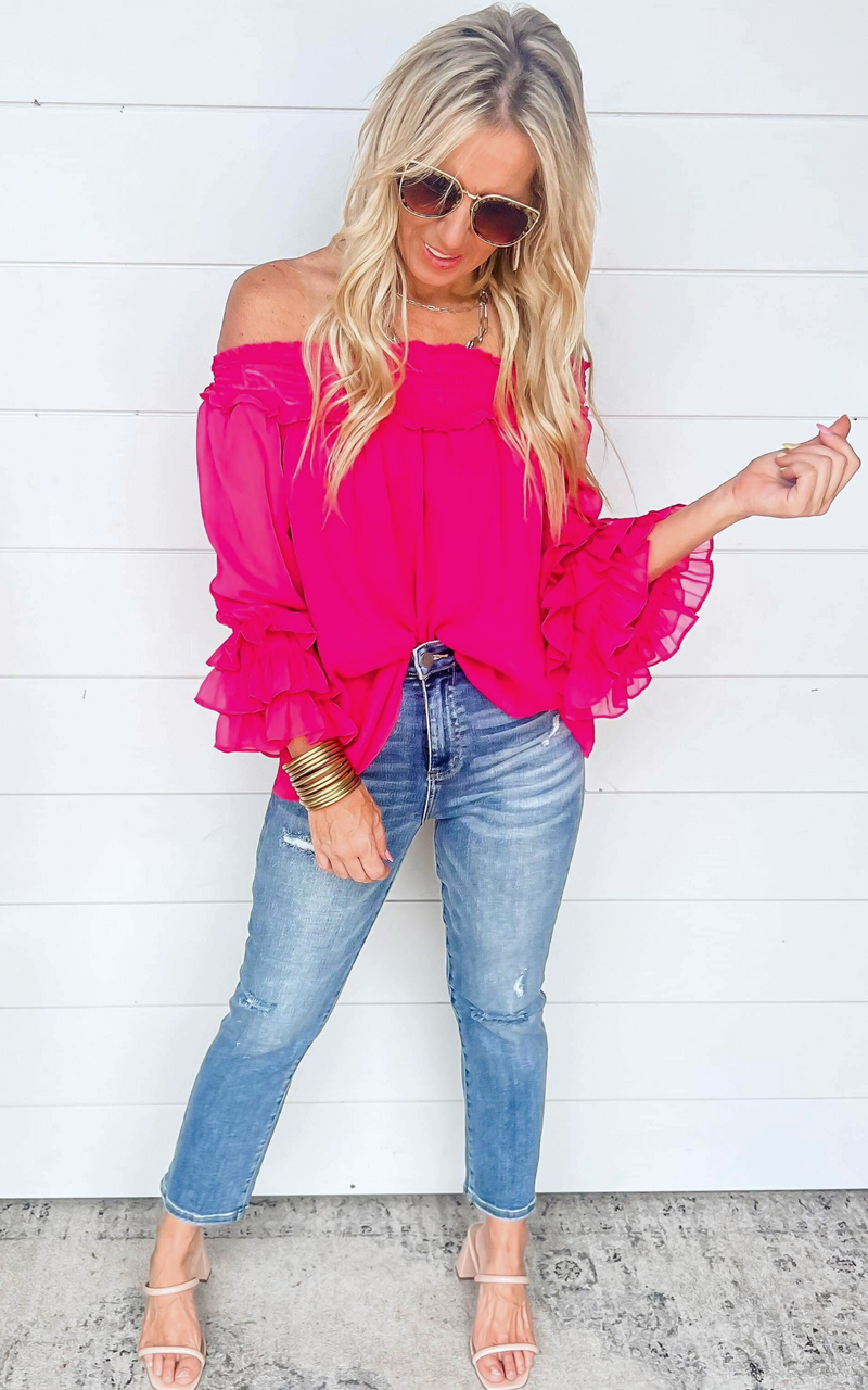 The Isabella Smocked Off the Shoulder and Tiered Sleeve Top - Fuchsia | FINAL SALE