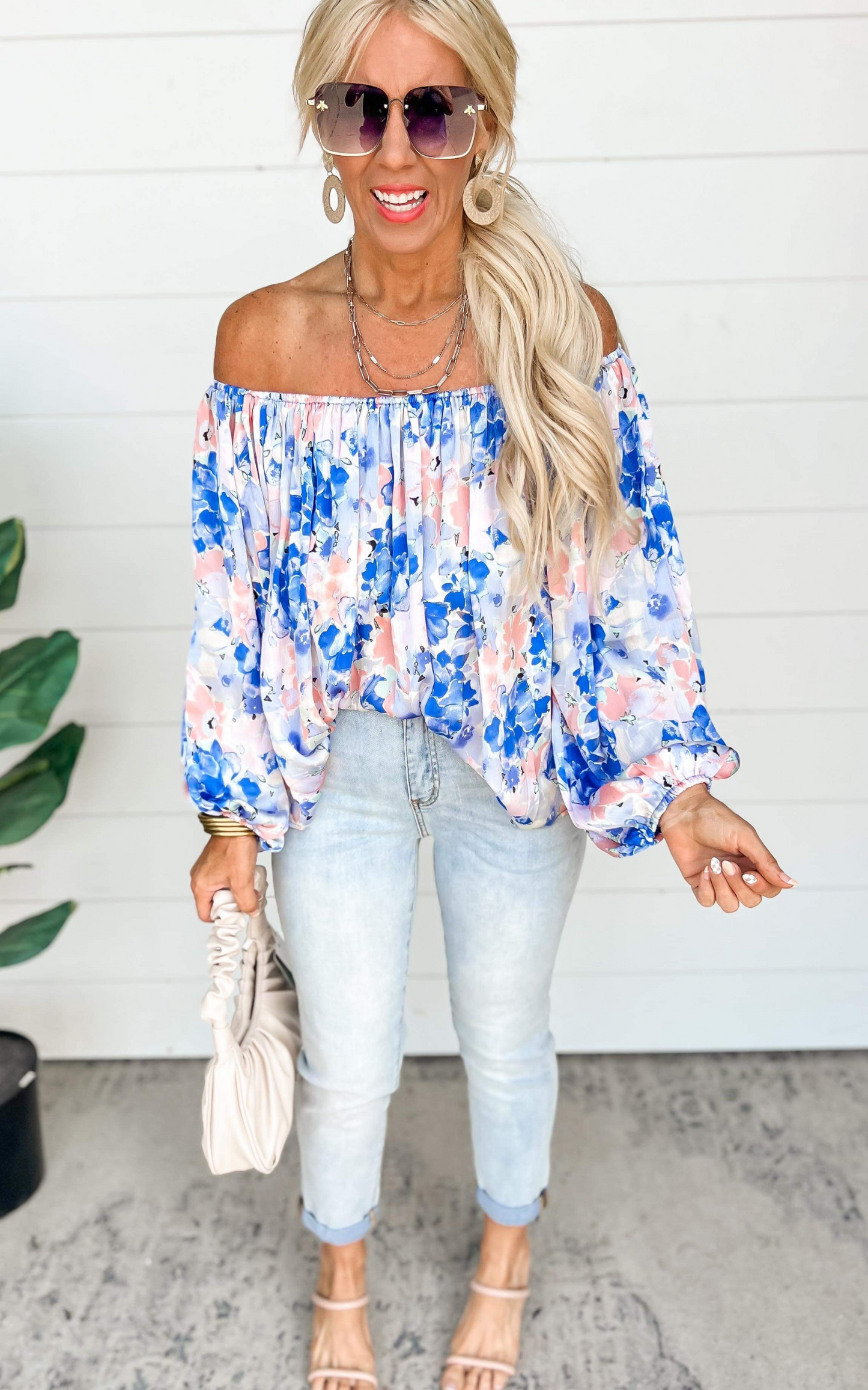 The Peony Off the Shoulder Peasant Top - Blue