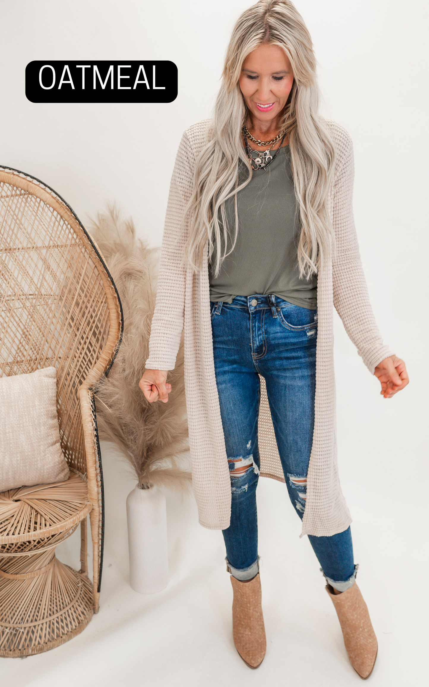 Solid Long Waffle Cardigan