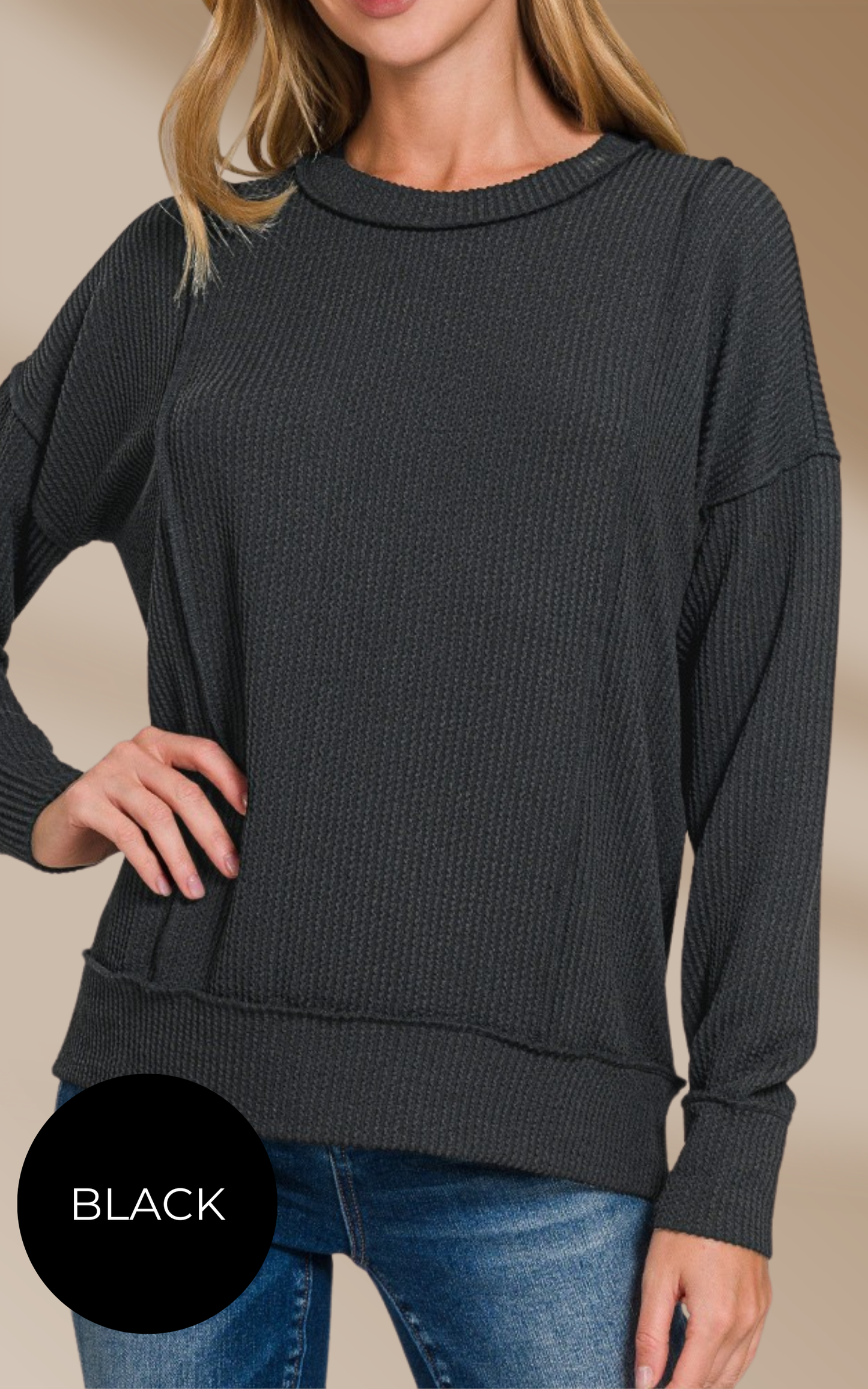 Corded Rib Long Sleeve Round Neck Pullover* - Final Sale