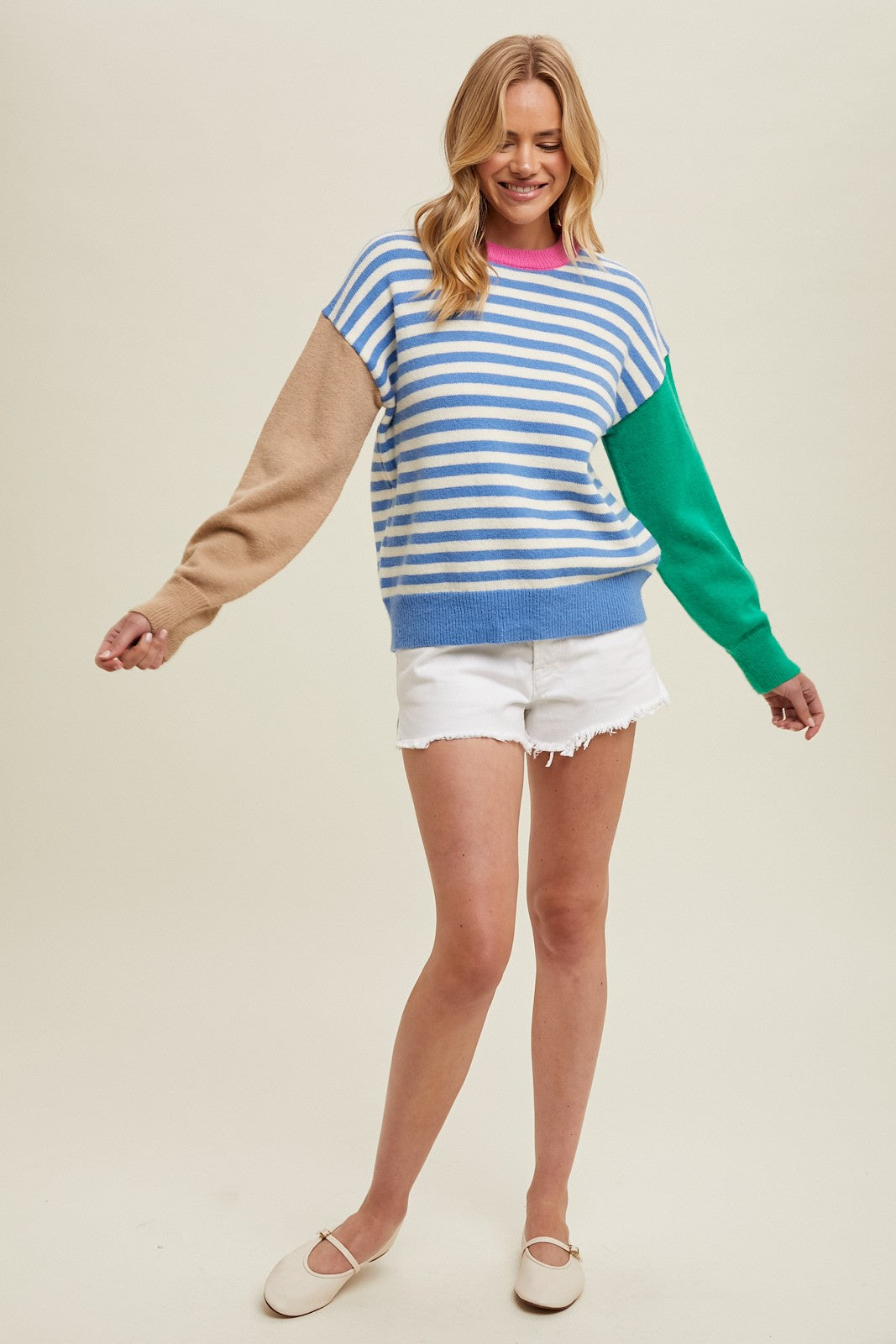 Blue White Color Block Striped Sweater