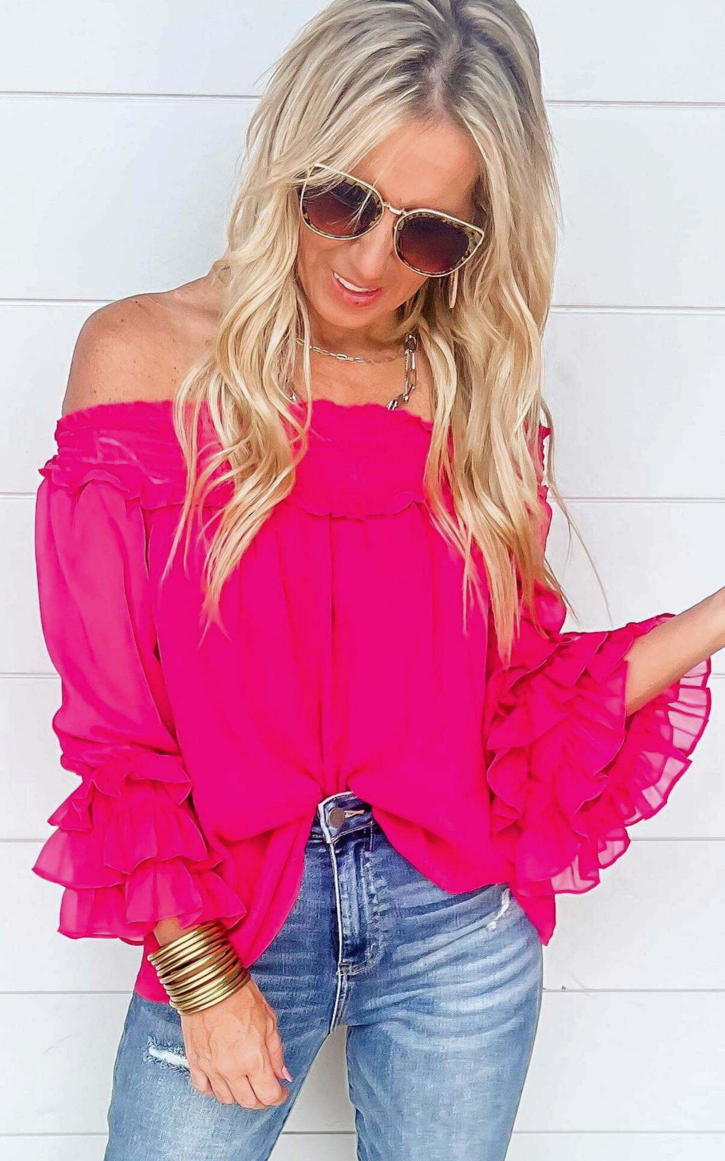 The Isabella Smocked Off the Shoulder and Tiered Sleeve Top - Fuchsia | FINAL SALE