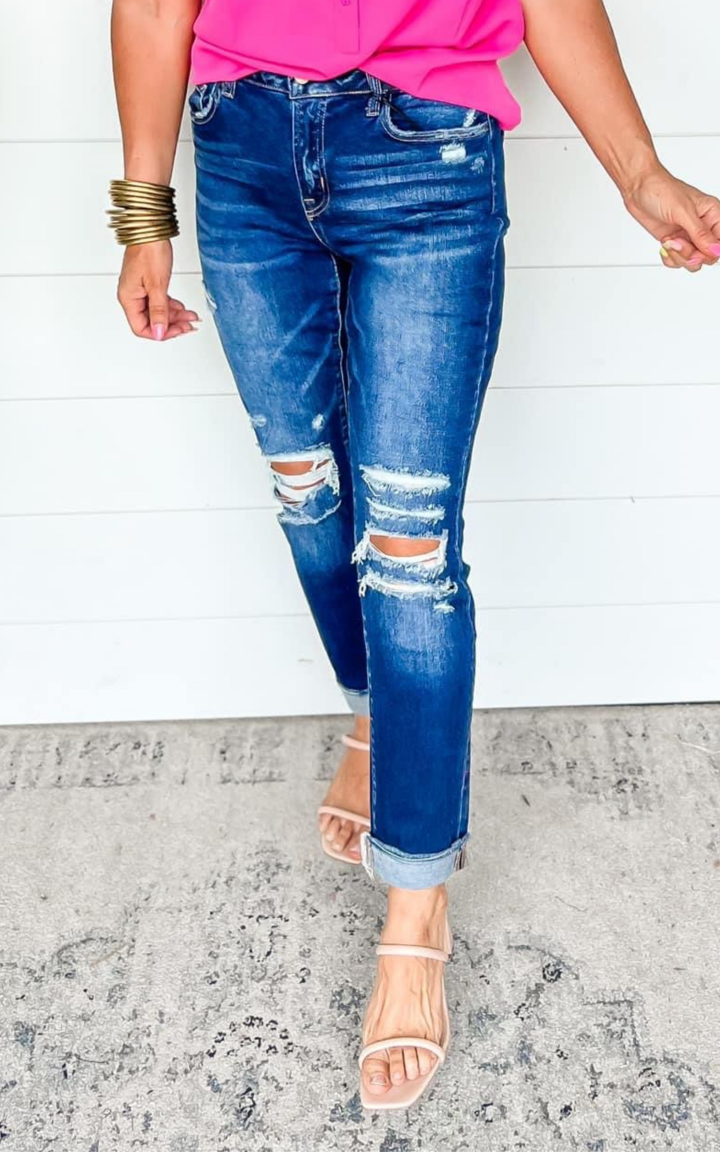 High Rise Boyfriend Crop w/ Cuff Denim Jeans - MICA