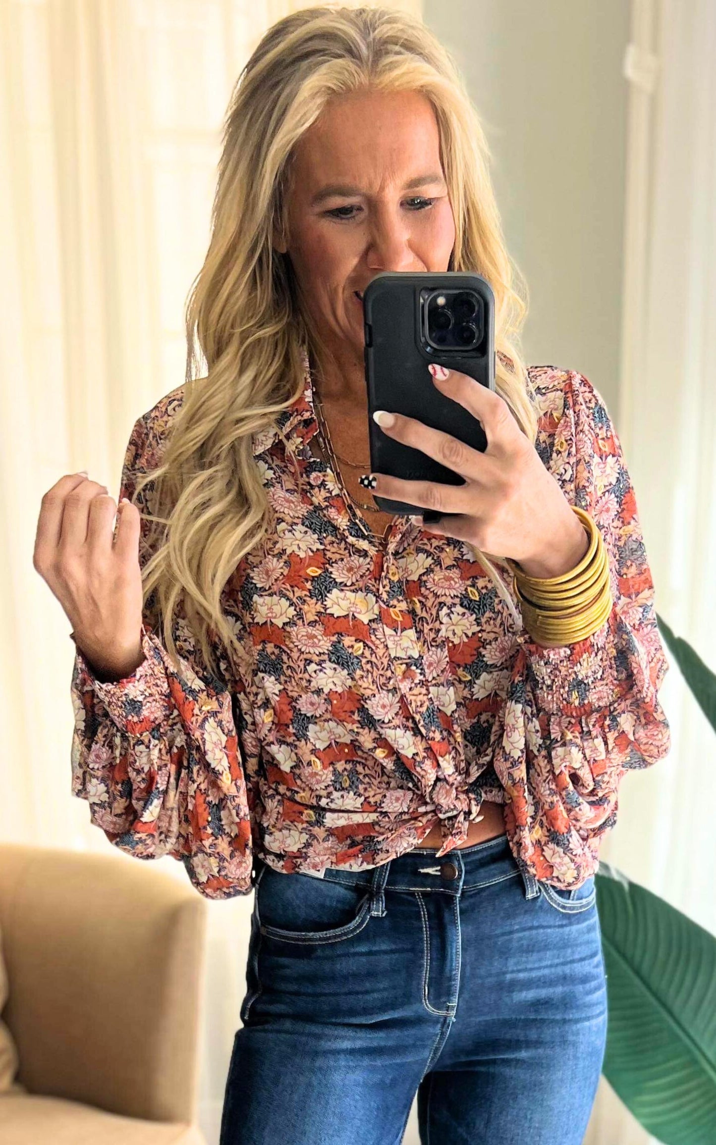 Floral Terracotta Button Down Puff Sleeve Blouse