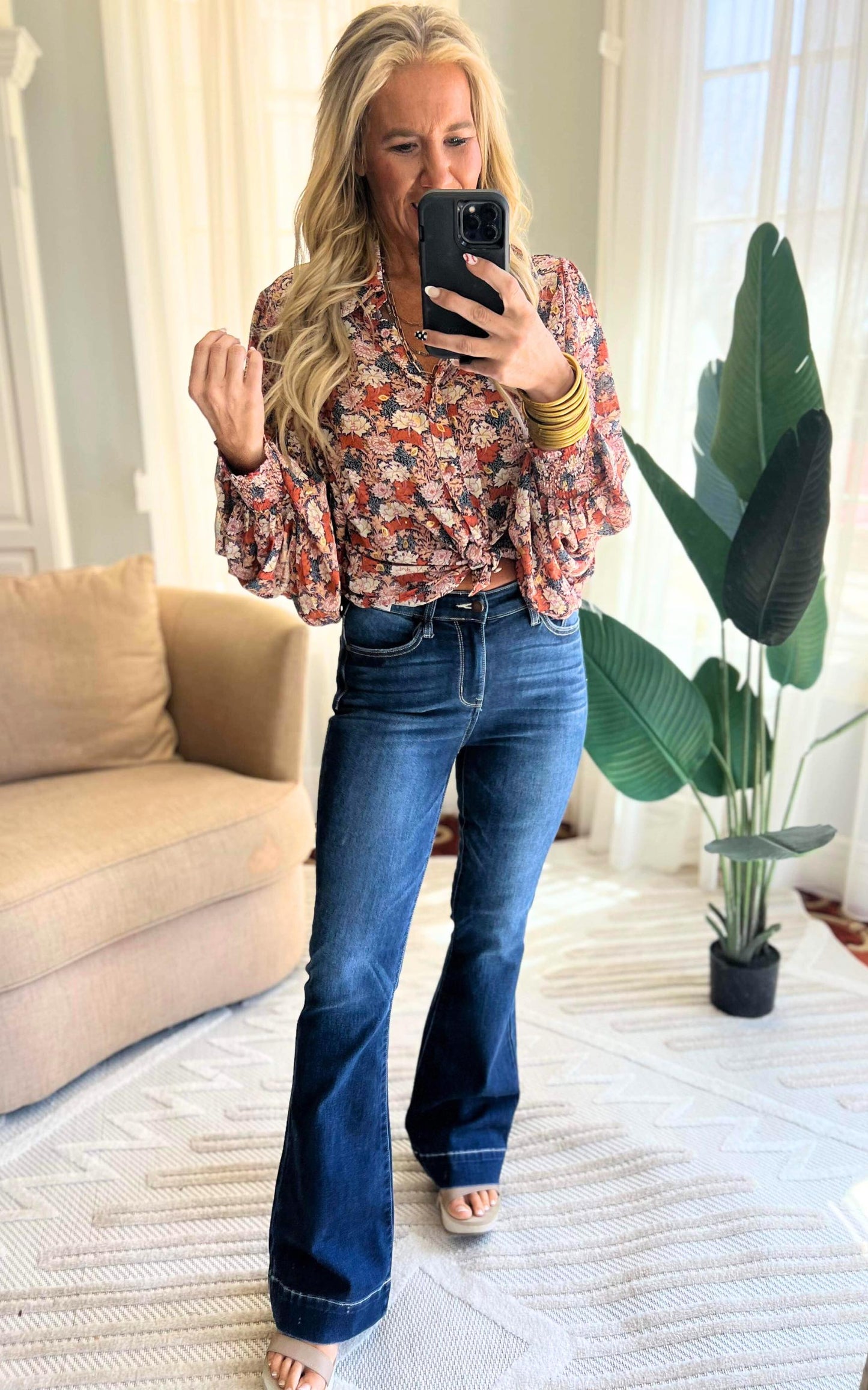 Floral Terracotta Button Down Puff Sleeve Blouse