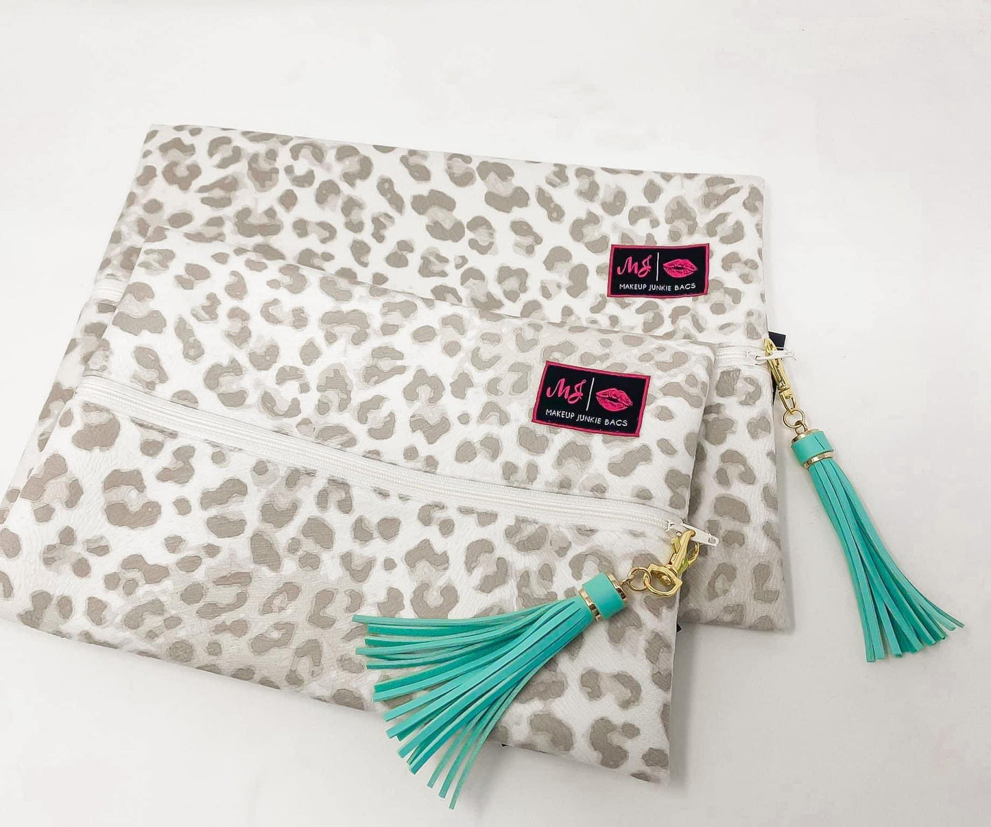 Gray Cheetah with Mint Tassel Makeup Junkie Bag