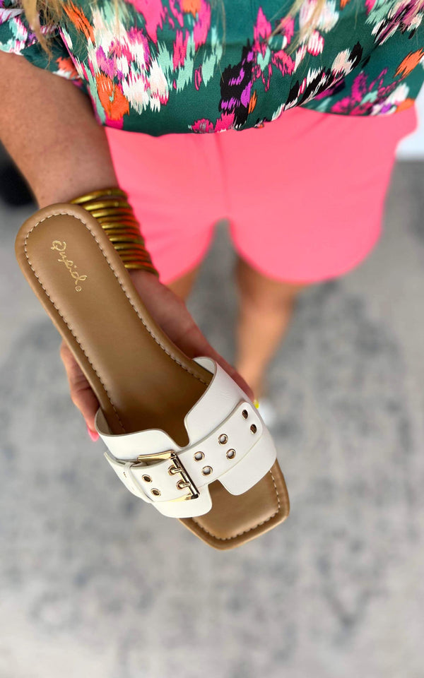 Women's Belt Eyelet Buckled Strap Slide On Sandals - White - Final Sale