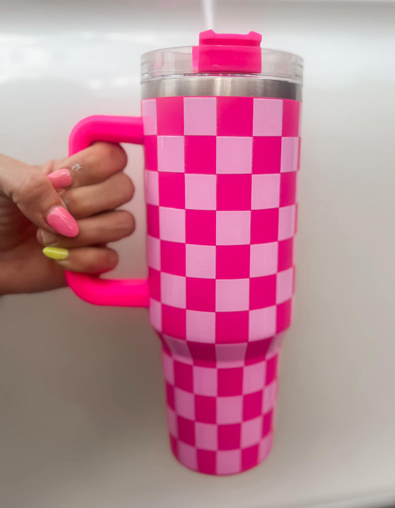 Green and Pink Stainless Steel Checkered Tumbler