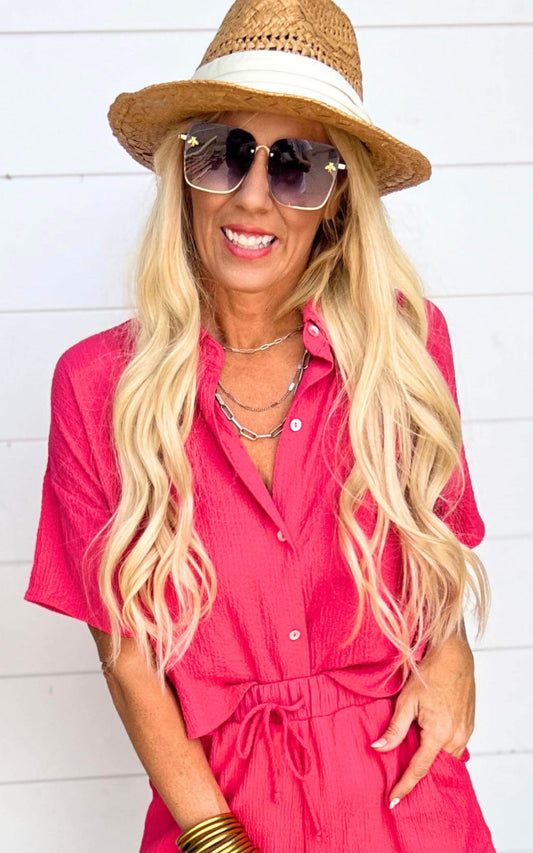 Fuchsia Short Sleeve Button Down Top | FINAL SALE